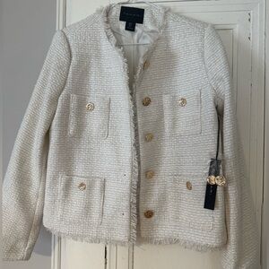 NWT Tahari White Tweed Blazer with Fringe Trim